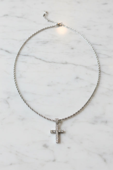 23" Silver Rope Chain Necklace with Diamond Cross
