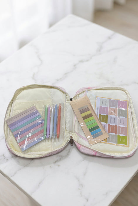 Light Pink Quilted Bible Cover with Bible Tabs, Sticky Notes, Pens, & Highlighters