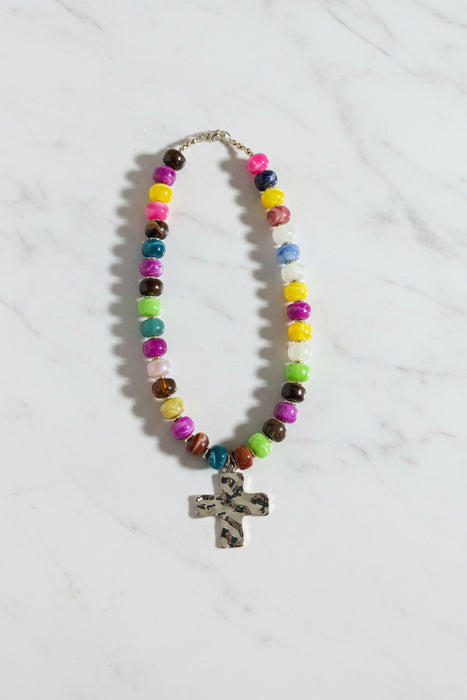Chunky Beaded Necklace with Gold Accents and Hammered Cross