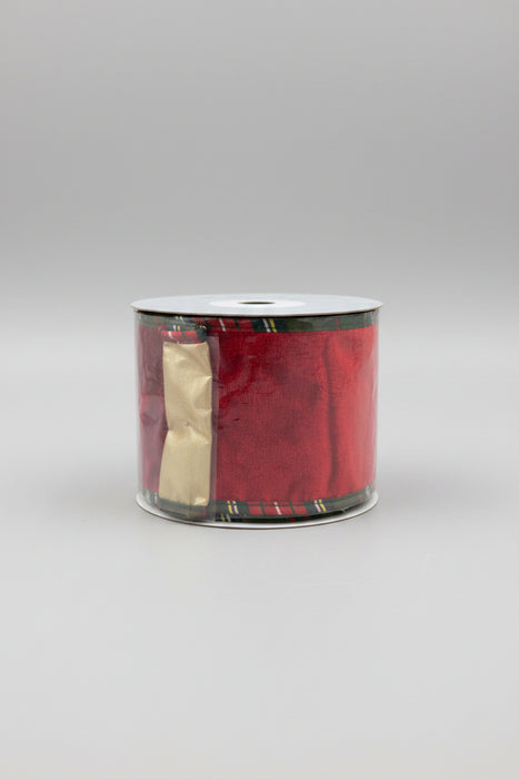 Red Velvet Metallic Dupion Plaid Piping John Mark Ribbon: 4in wide x 10yd