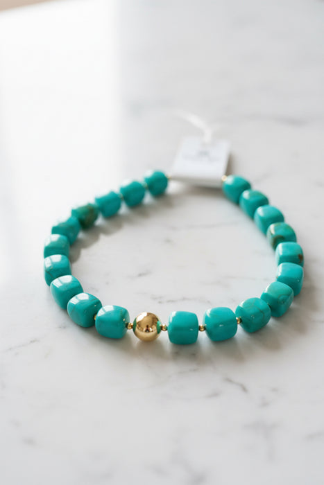Teal Beaded Necklace with Gold Ball in the Center