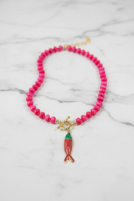 Pink Sardine Beaded Necklace with Red & Green Sardine