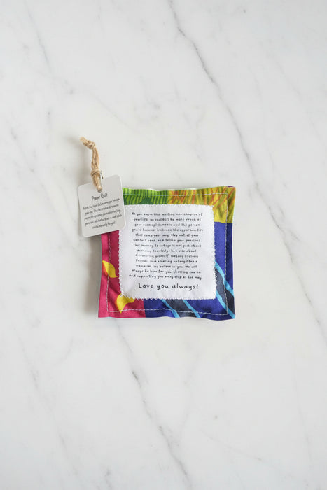Square Pocket Prayer Quilt with a Wood Cross Inside.  Different Verses or Quotes Available.