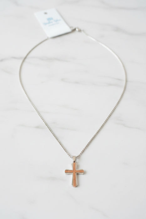Wood & Silver Men's Cross Necklace