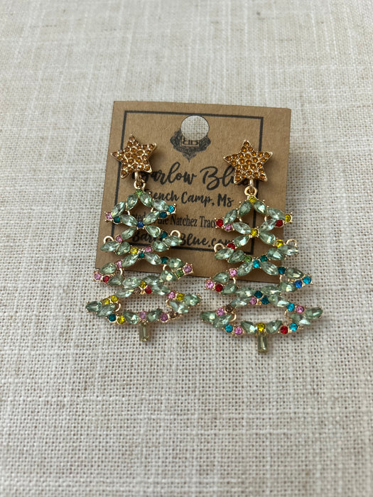 Crystal & Green Open Christmas Tree Earrings