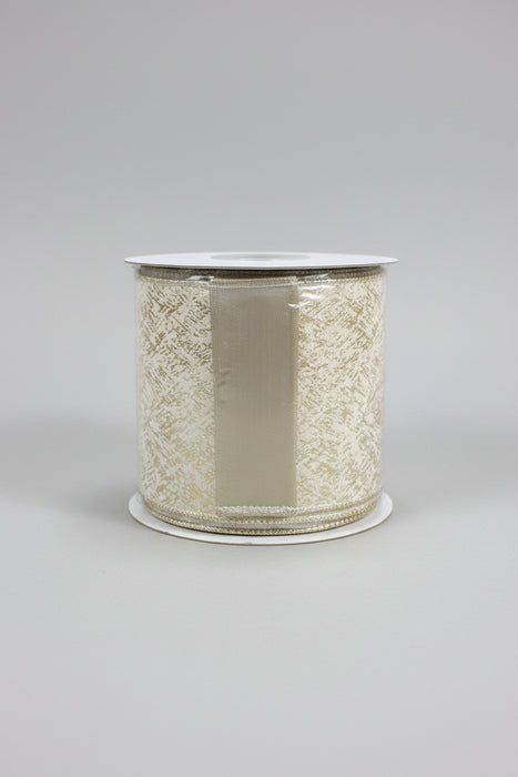 Ivory Printed Velvet Metallic Dupion Double Sided Fused John Mark Ribbon: 4in wide x 10yd