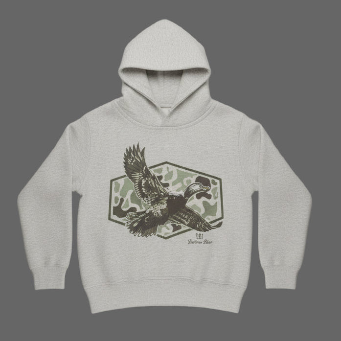 Performance Hoodie with Camouflage Flying Mallard Duck.  Unisex Design. Youth Sizes