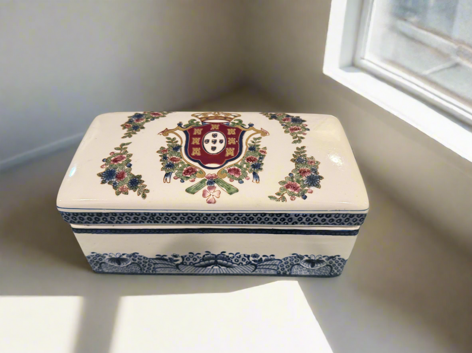 Vintage Blue and White Porcelain Crown Lidded Box By Oriental Accent