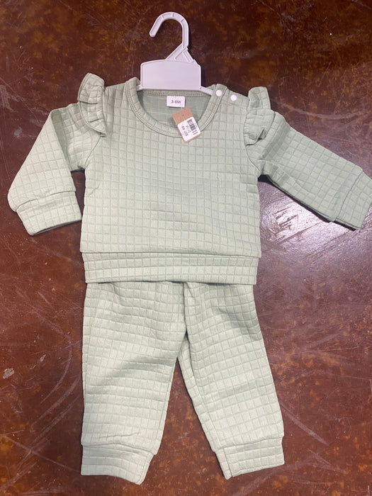 Haven Checkered Light Green Colored 2 Piece Pants Set With Ruffle Sleeves for Girls. 3-6 Months through 2-3 Years.