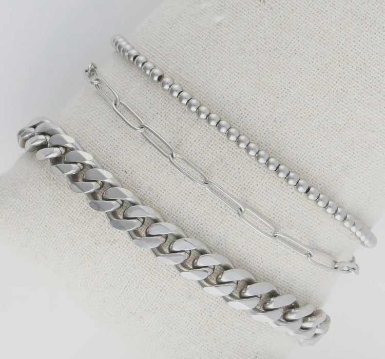 Waterproof Silver Curb Chain Bracelet Set