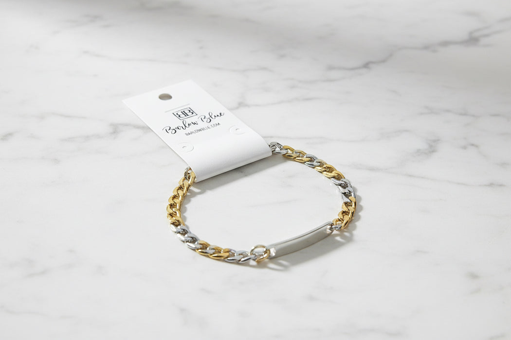 Engravable Bar Bracelet with Heavy Chain. Great for Men.- Available in Silver, Gold, & Mixed Metals