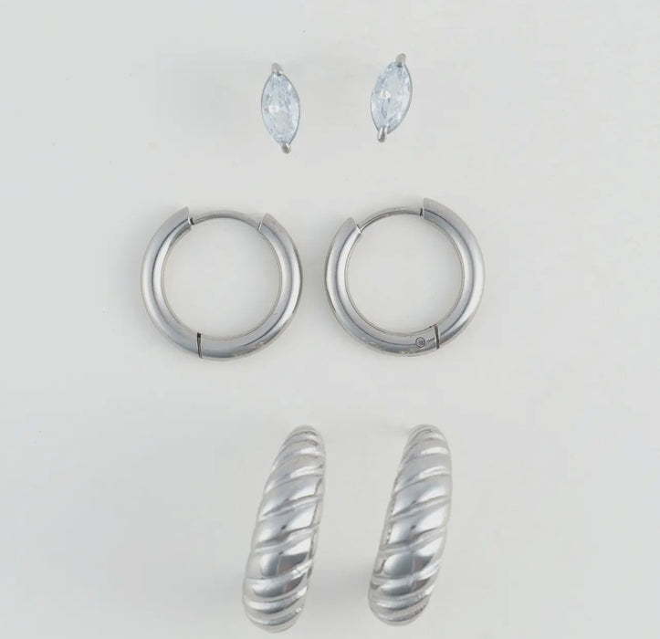Waterproof Silver Half Moon Trio Hoop Earrings