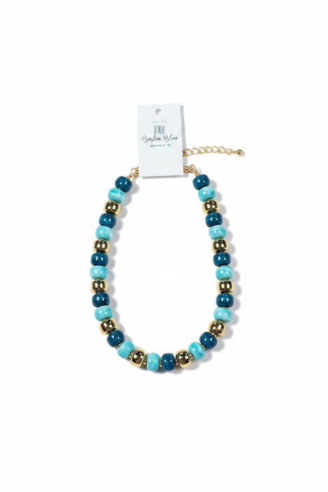 Chunky Blue Beaded Necklace with Gold Accents