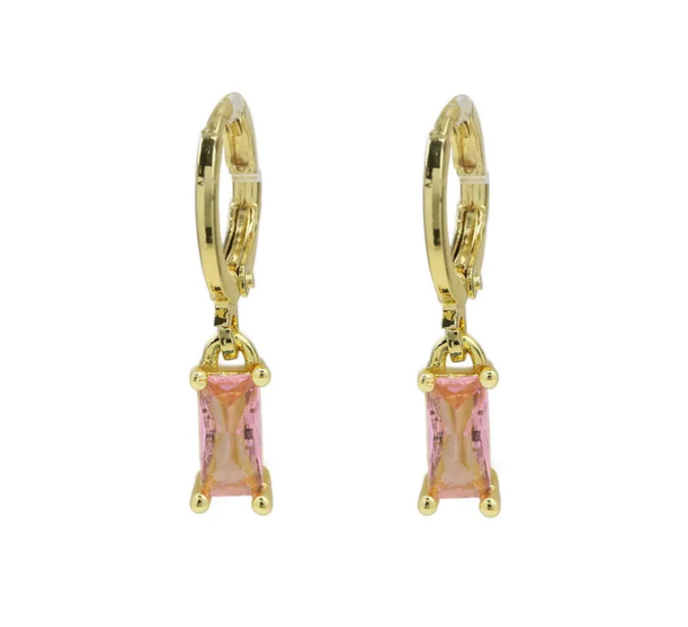 Elia Earrings. Gold Birthstone Huggie Hoop Earrings with Rectangle Stones