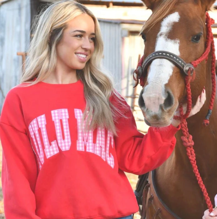 Lulu Mac Sweatshirt Red with Pink Gingham Embroidered Design **NEW VALENTINE'S DAY DROP PREORDER**