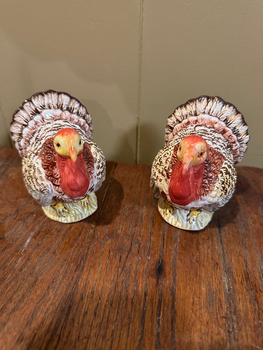 Vintage (3.5”) Hand Painted Thanksgiving Turkey Salt and Pepper Shakers.  Sold as a Set.