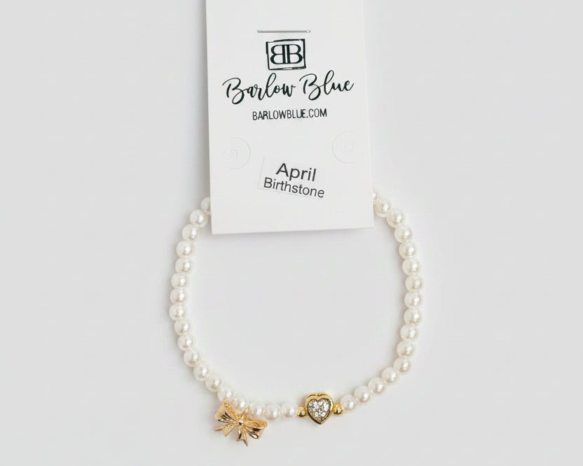 Bow & Pearl Birthstone Bracelets with Heart Birthstones