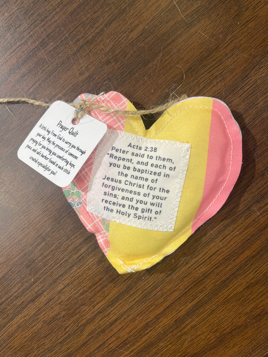 Heart Shape Pocket Prayer Quilt with a Wood Cross Inside.  Different Verses or Quotes Available.
