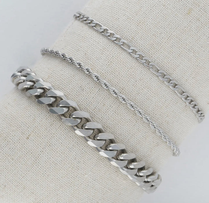 Waterproof Silver Figaro Chain Bracelet Set
