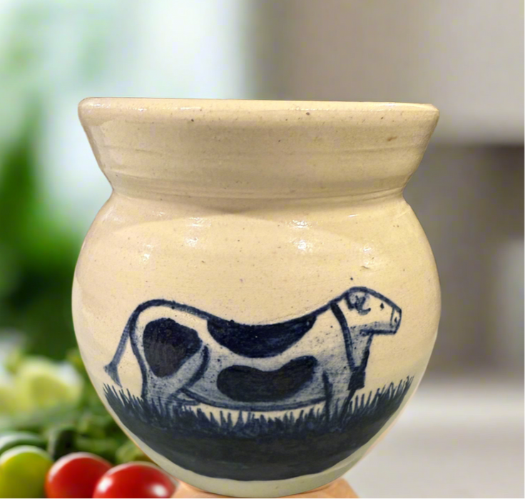 Small Vintage Pottery Crock with Handpainted Blue Cow.  Unmarked Bottom.