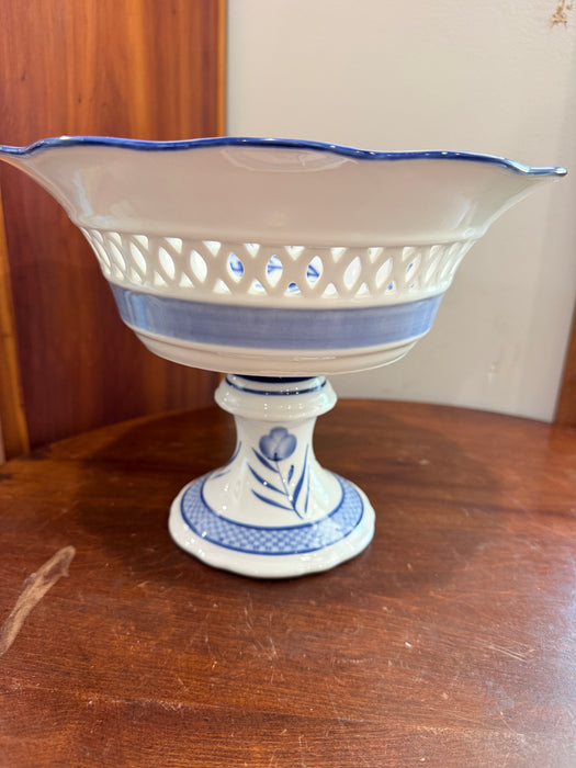 Vintage Blue & White Pierced Pedestal Compote Bowl | Delft Style Floral Footed Serving Bowl