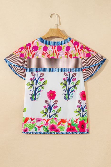 Vibrant Floral Striped Patchwork Split Neck Blouse