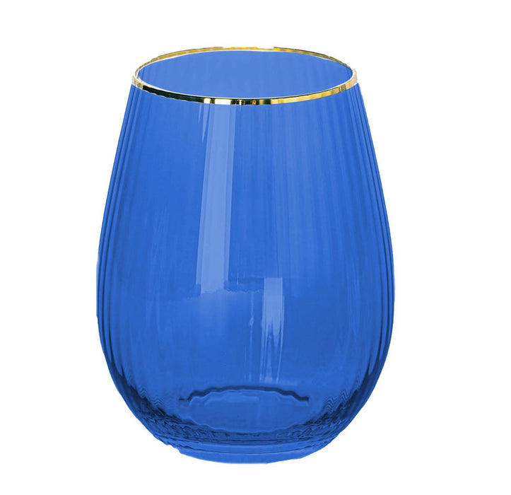 Ribbed Blue Stemless Wine Glass