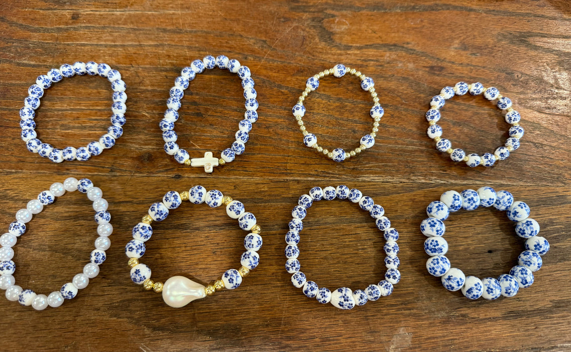 Porcelain Blue & White Chinoiserie Beaded Stretch Bracelets.  Multiple Styles.