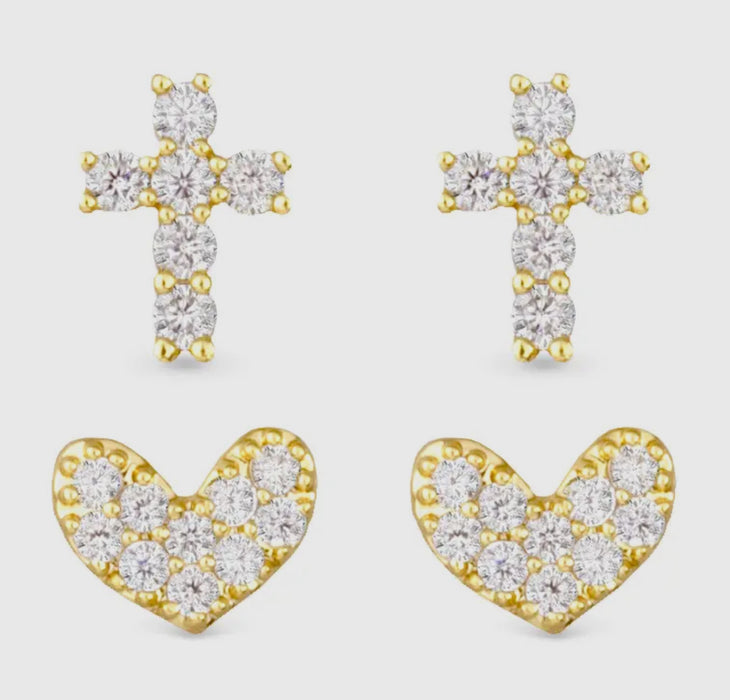 Pave Cross and Heart Duo Earrings