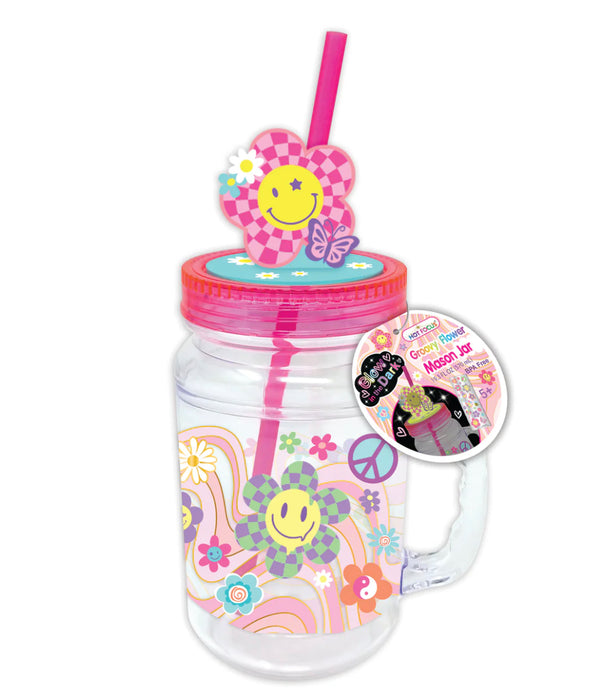 Groovy Glower Mason Jar.  Glow in the Dark Mason Jar Tumbler with Groovy Flowers & and Straw and a sheet of stickers.