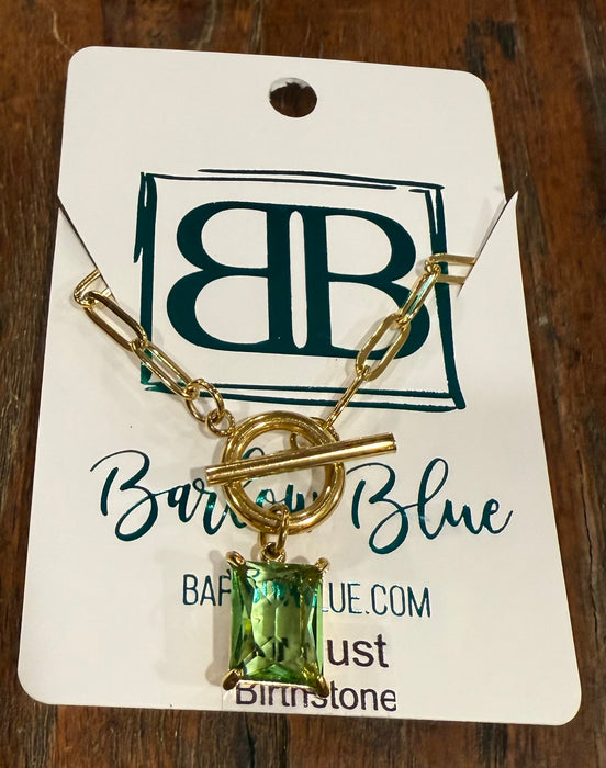 Large Emerald Cut Birthstone Necklace with Paperclip Chain and Toggle Clasp.  18” Long.