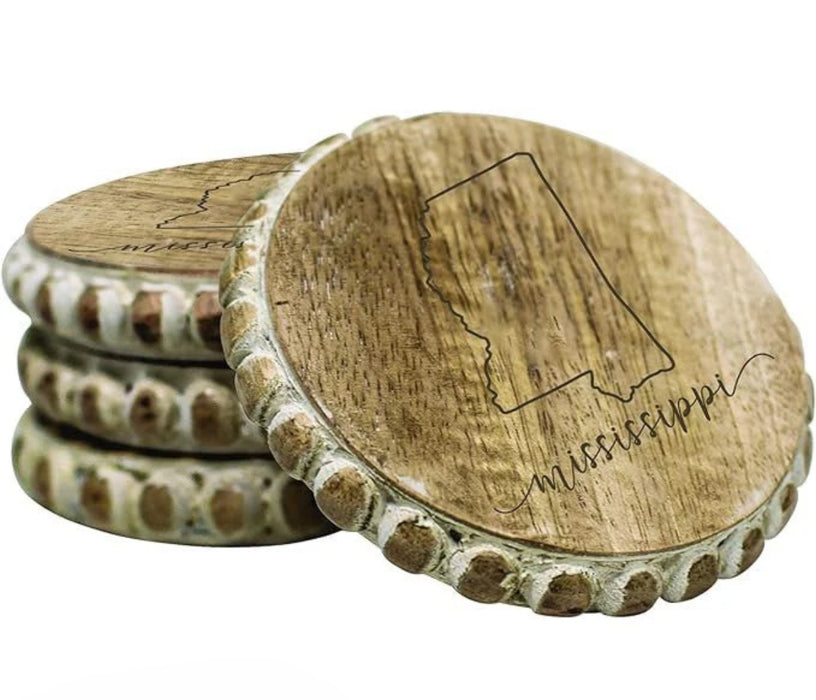 Mississippi Beaded Edge Wooden Coasters.  Set of 4.