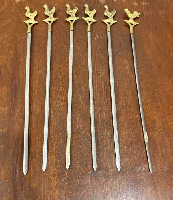 Set of 6 Vintage Brass Chicken & Rooster Skewers