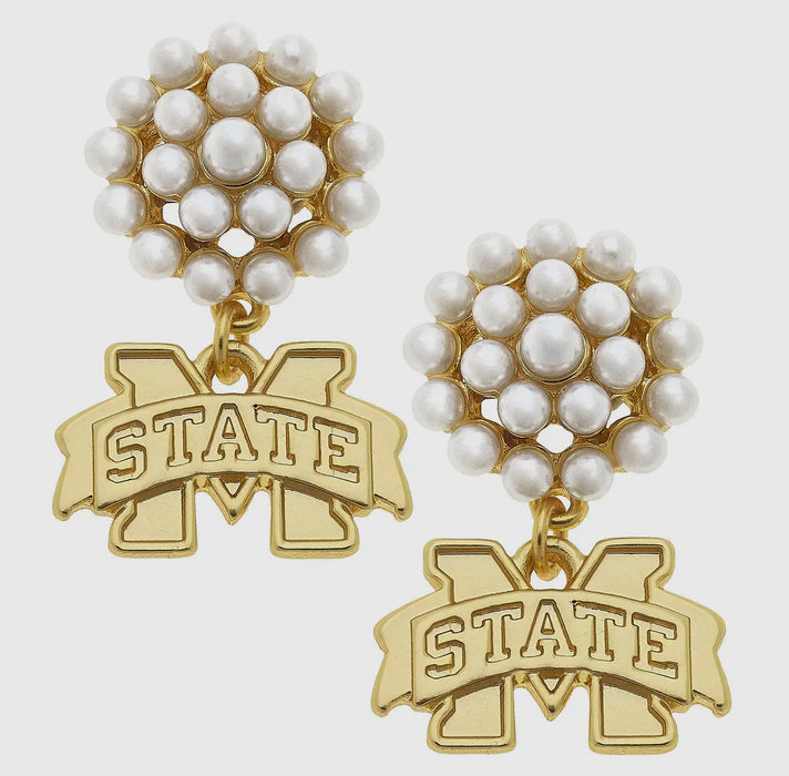 Mississippi State Bulldogs Pearl Cluster 24K Earrings