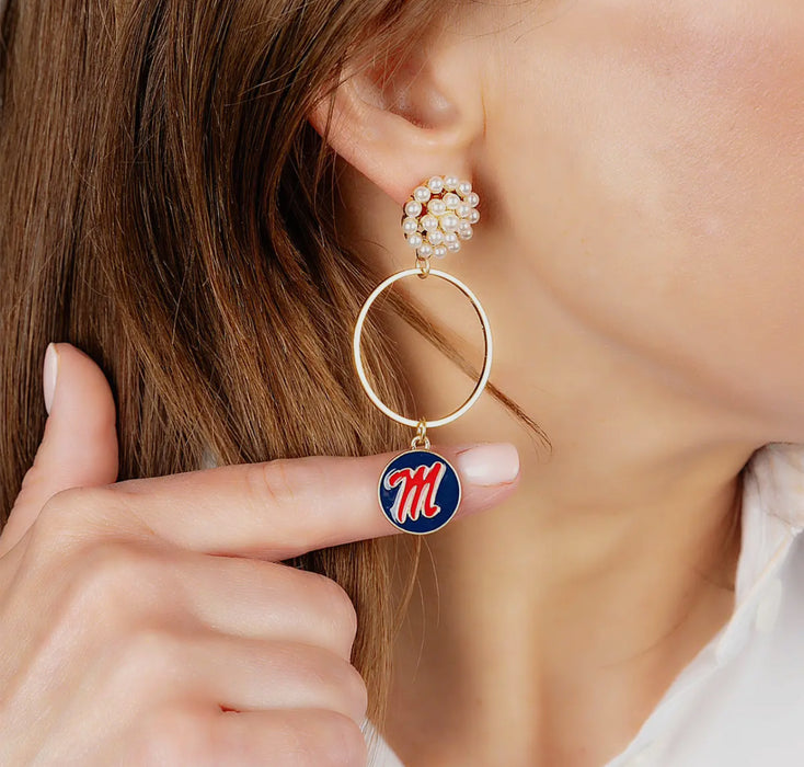 Ole Miss Rebels Pearl Cluster/Enamel Hoop Earrings