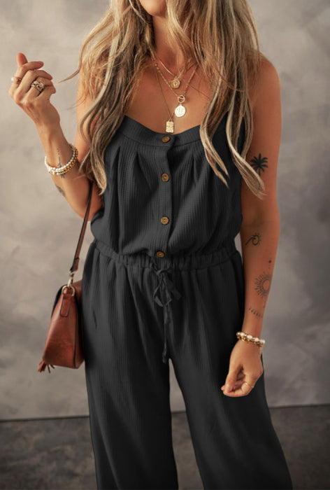 PREORDER Black Textured Drawstring Jumpsuit.  AS-AXL. Allow 3 weeks to come in.  Get a 25% OFF discount for preordering!  Deadline to preorder is 2/16/25.