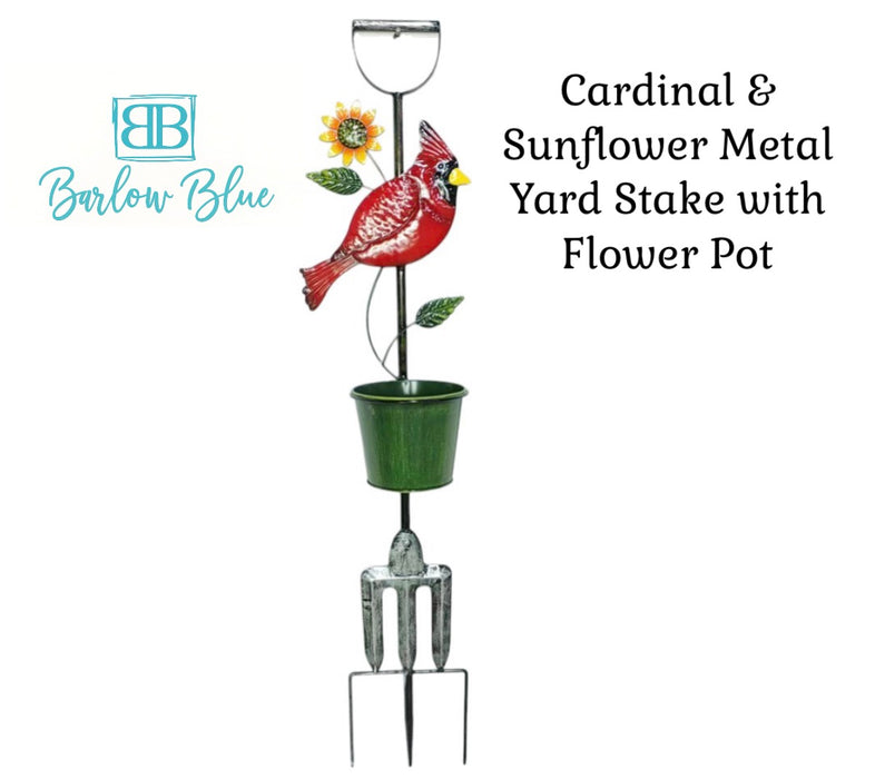 Cardinal or Butterfly Sunflower Metal Yard Stake with 6” Flower Pot.  40” Tall x 16” Wide ⚠️ Oversized Item.  Store Pick Up Only! No Shipping.