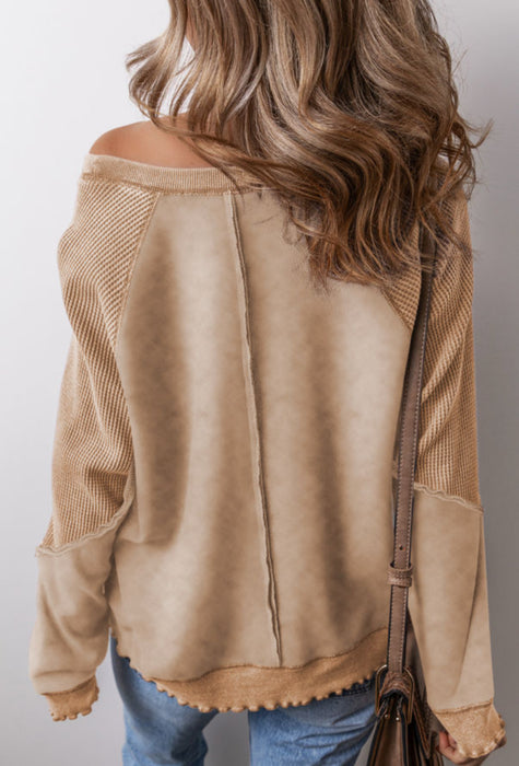 Tan Waffle Knit Patchwork Raglan Sleeve Sweatshirt