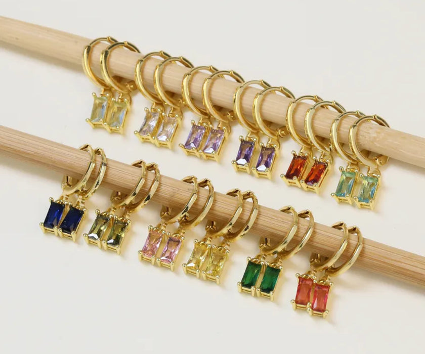 Gold Birthstone Huggie Hoop Earrings with Rectangle Stones