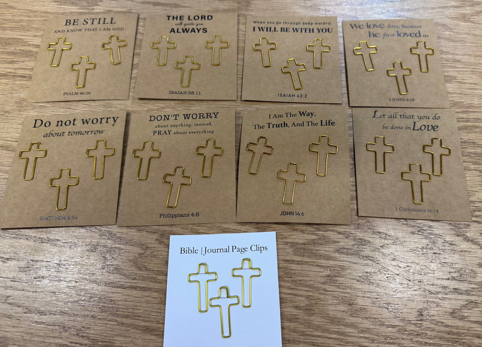 Decorative Gold Cross Paper Clips on Cards for Bibles, Books & Journals.