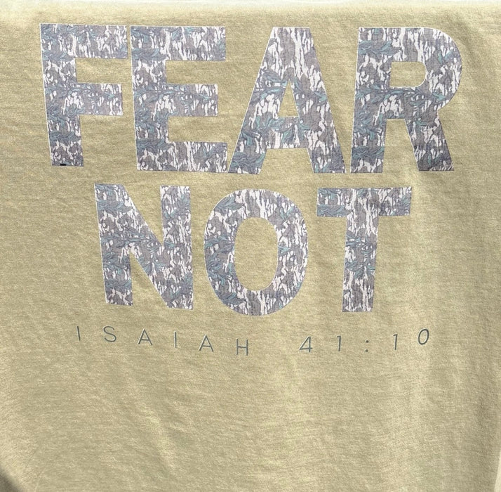 ADULT Khaki Tee with CAMO “Fear Not”.  Comfort Colors Brand.  Mark McGlothin Benefit Fundraiser.