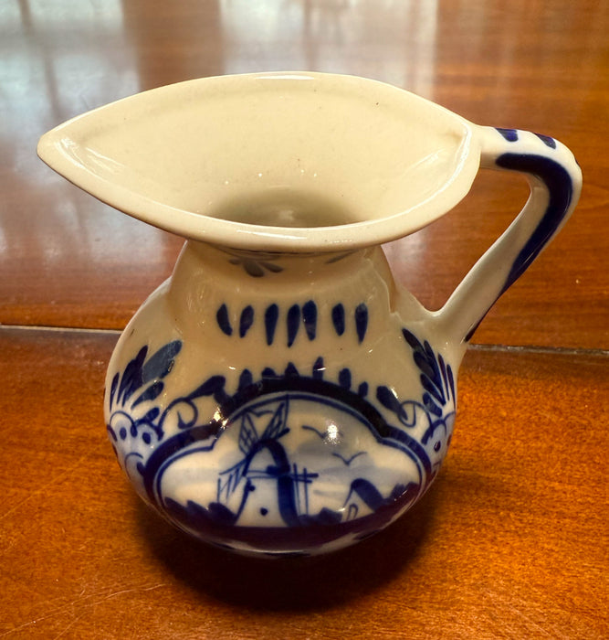 Small vintage hand painted Delft Blue & White Windmill & Floral pitcher.