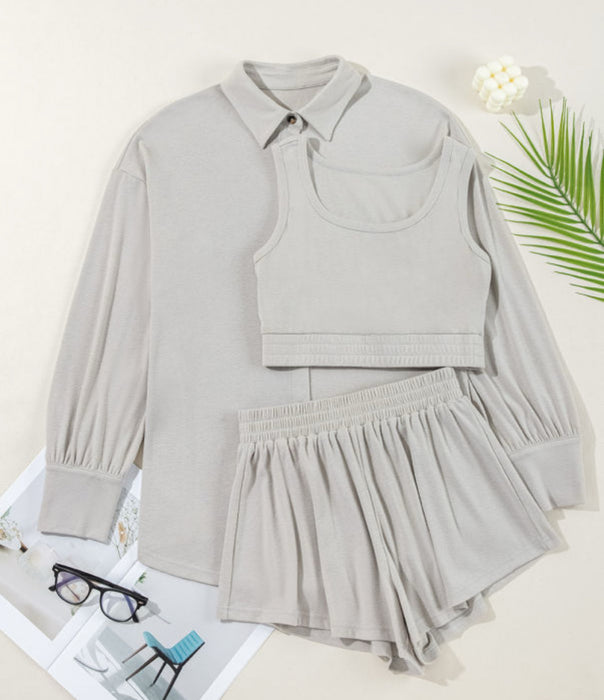 3 Piece Shorts Lounge Set with Cropped Tank and Button Up Long Sleeve Top.  Available in Black, Pink & Grey.