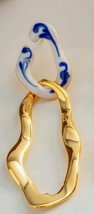 Golden Porcelain Twist Statement Earrings with Blue & White accents.  2 Styles