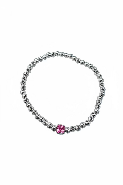 The Confetti in Silver-  Beaded Bracelet with Square shaped Birthstone Charm