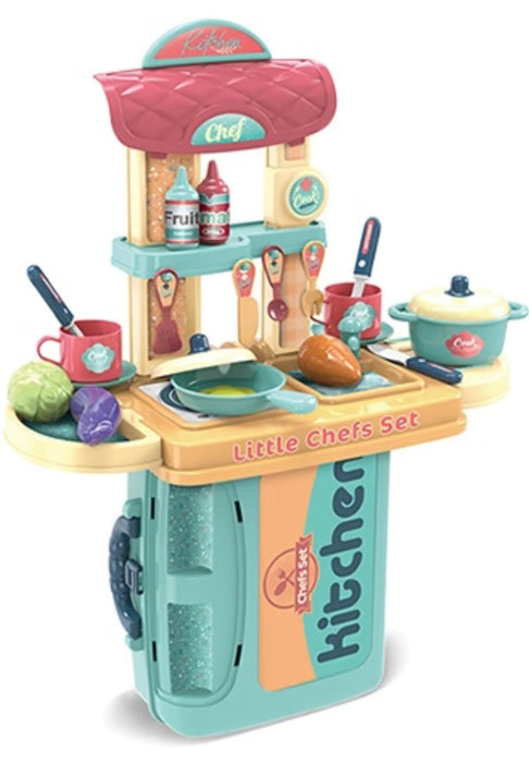 Play Set in a Case - Chef Kitchen.  The pieces all fit into a case and that case turns into a Kitchen Stand.