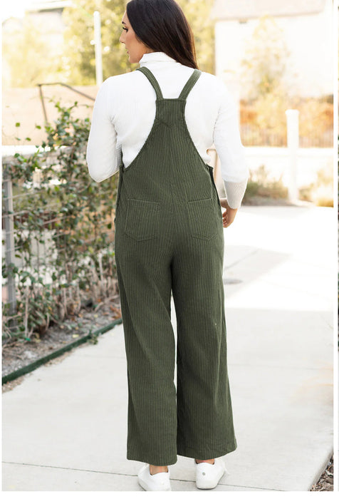 Green Loose Fit Corduroy Overall with Pockets