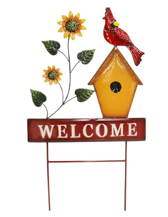 Cardinal w/Birdhouse Welcome Sign on Two Poles 36"x20" ⚠️ Oversized Item.  Store Pick Up Only! No Shipping.