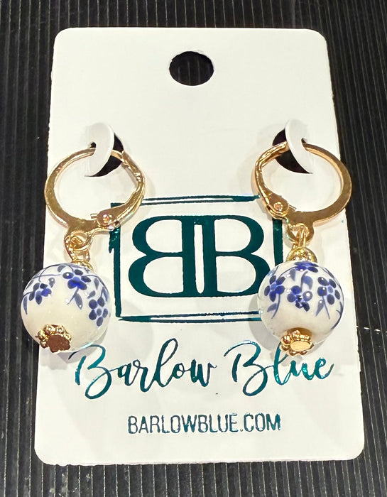 Round Blue & White Porcelain Bead Drop Earrings with Gold Accents
