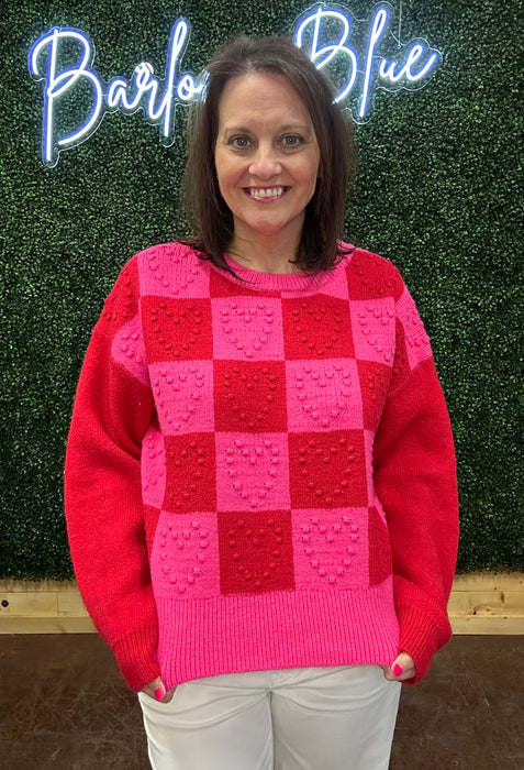 Red & Pink Heart Checkered Sweater